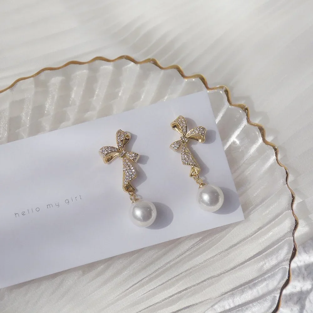 NEW 14K Gold Plated Diamond Bow Pearl Earrings - Picture 6 of 7